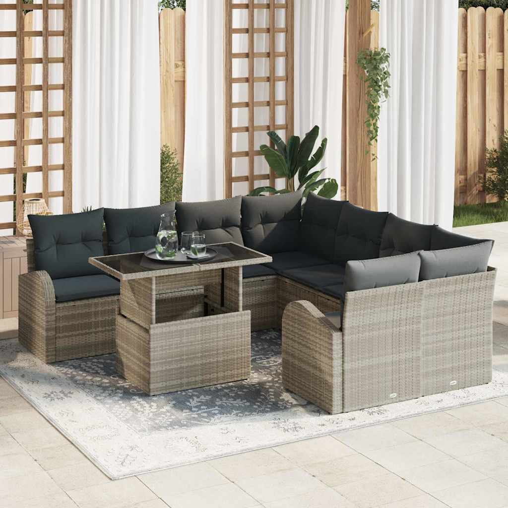 Havesofa Sæt med opbevaring 9 pcs Lysegrå polyrattan