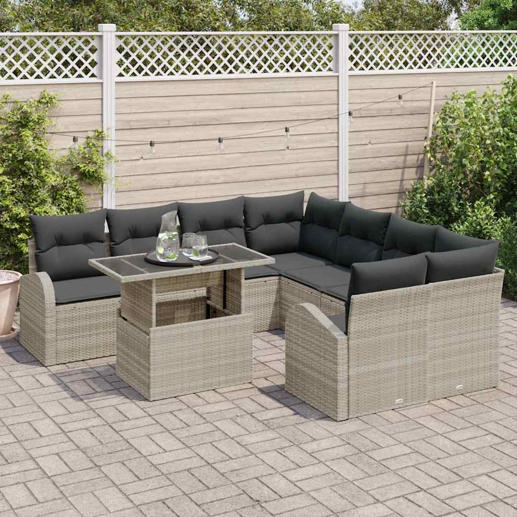 Havesofa Sæt med opbevaring 9 pcs Lysegrå polyrattan