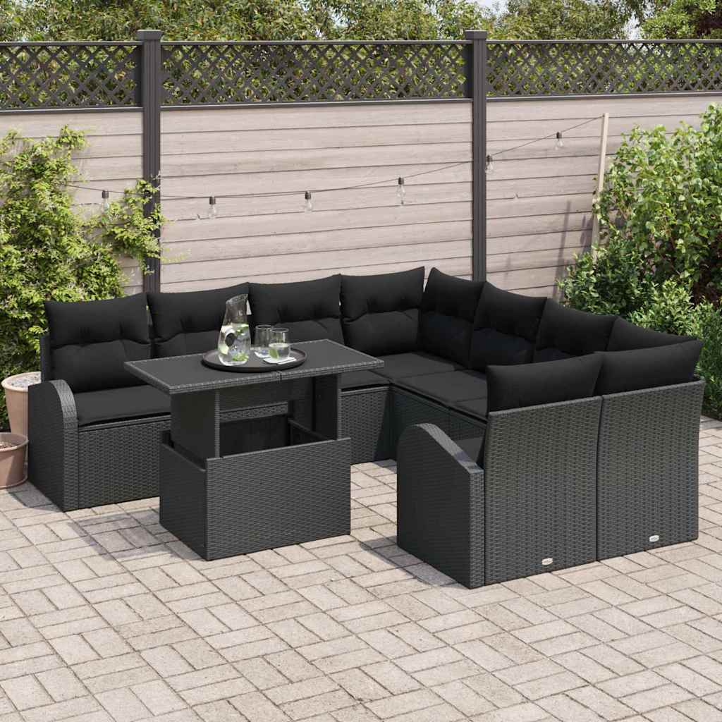 Havesofa Sæt med opbevaring 9 pcs Sort polyrattan