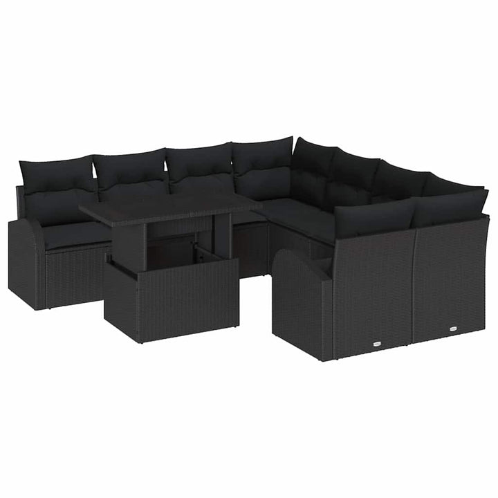 Havesofa Sæt med opbevaring 9 pcs Sort polyrattan