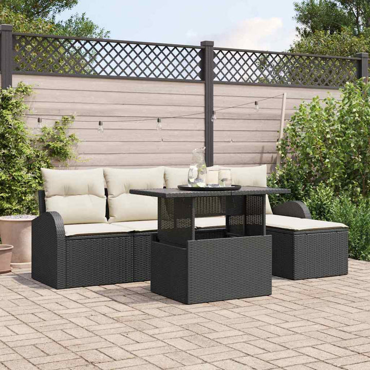 Havesofa Sæt med pude 6 pcs Sort polyrattan
