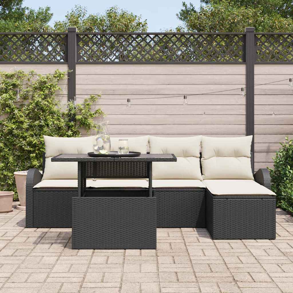 Havesofa Sæt med pude 6 pcs Sort polyrattan