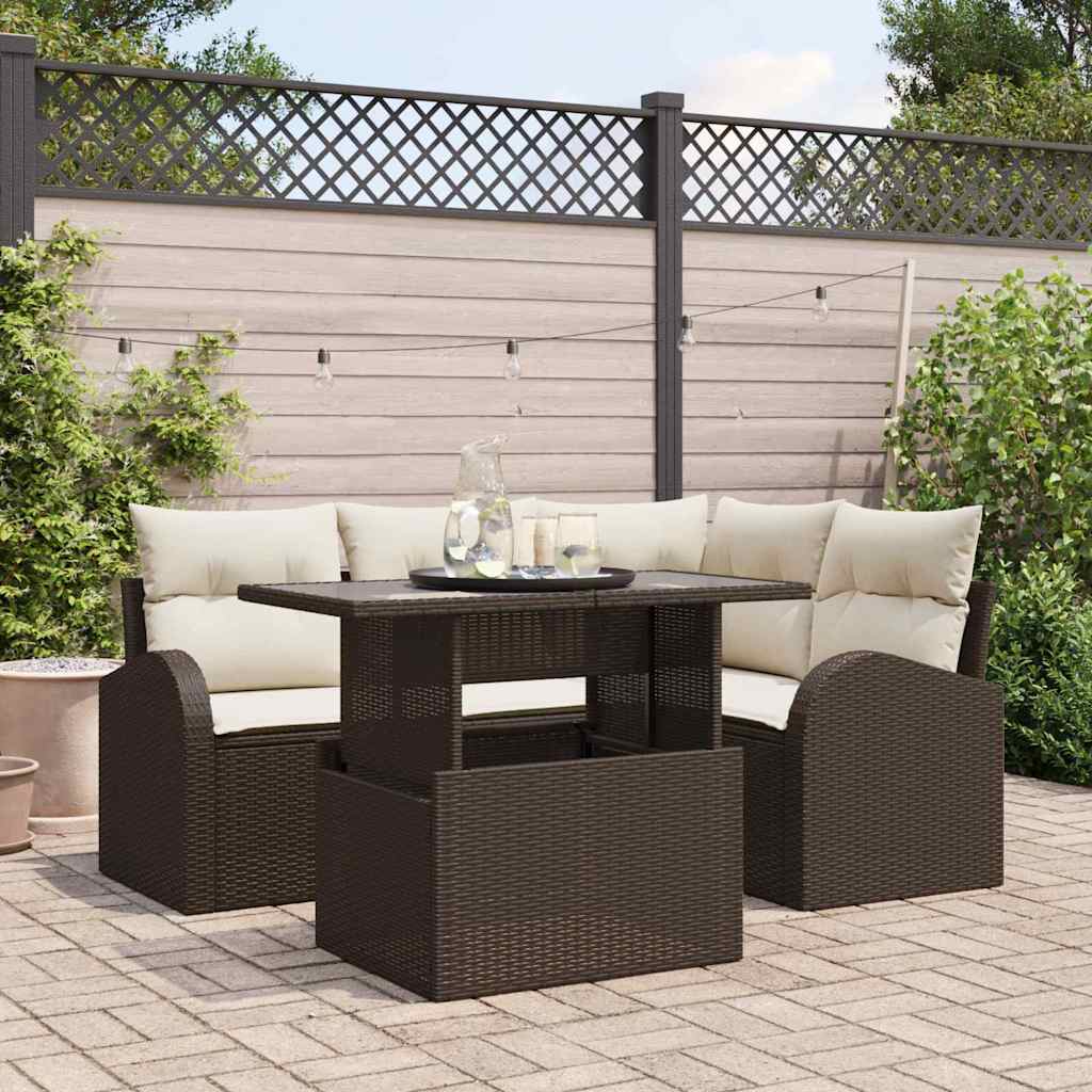 Havesofa Sæt med pude 5 pcs Brun Poly rattan