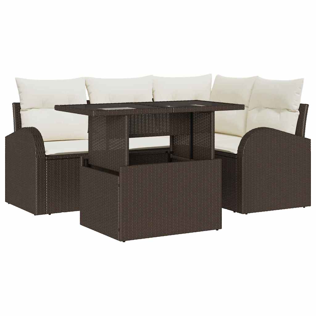 Havesofa Sæt med pude 5 pcs Brun Poly rattan
