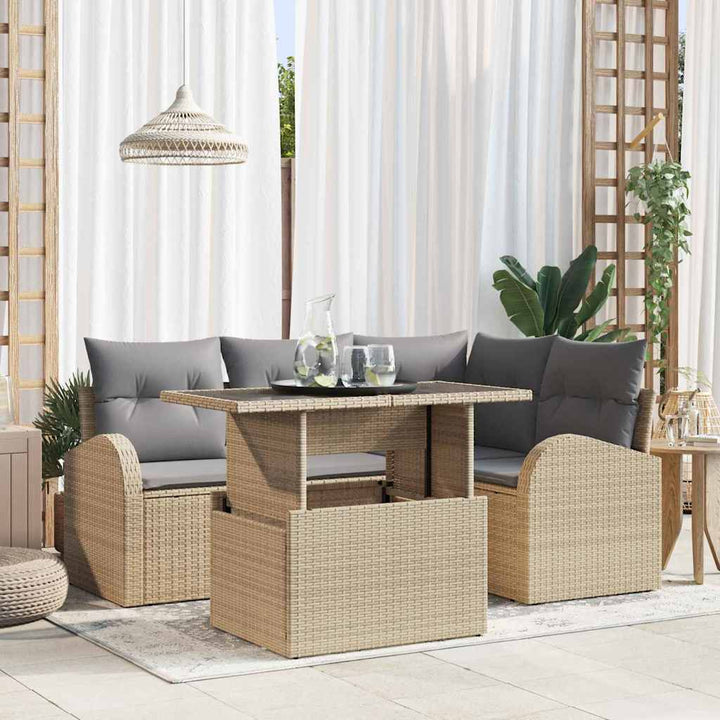 Havesofa Sæt med pude 5 pcs Beige polyrattan