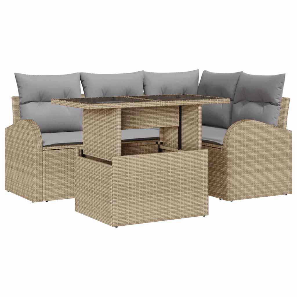 Havesofa Sæt med pude 5 pcs Beige polyrattan