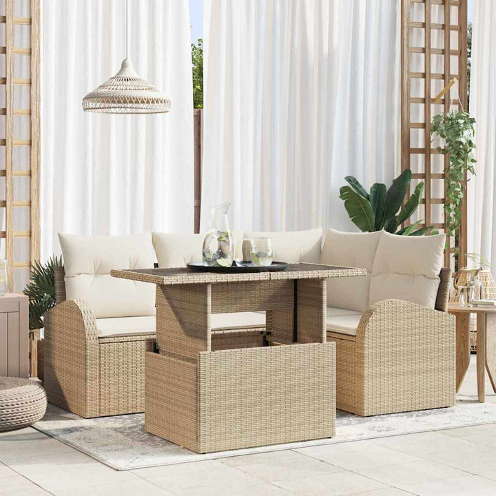 Havesofa Sæt med pude 5 pcs Beige polyrattan