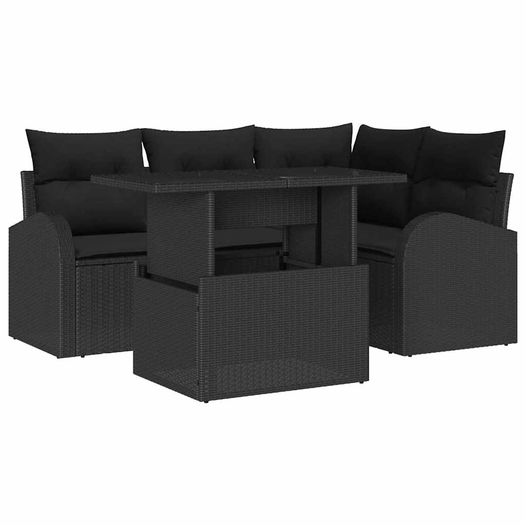 Havesofa Sæt med pude 5 pcs Sort Poly rattan
