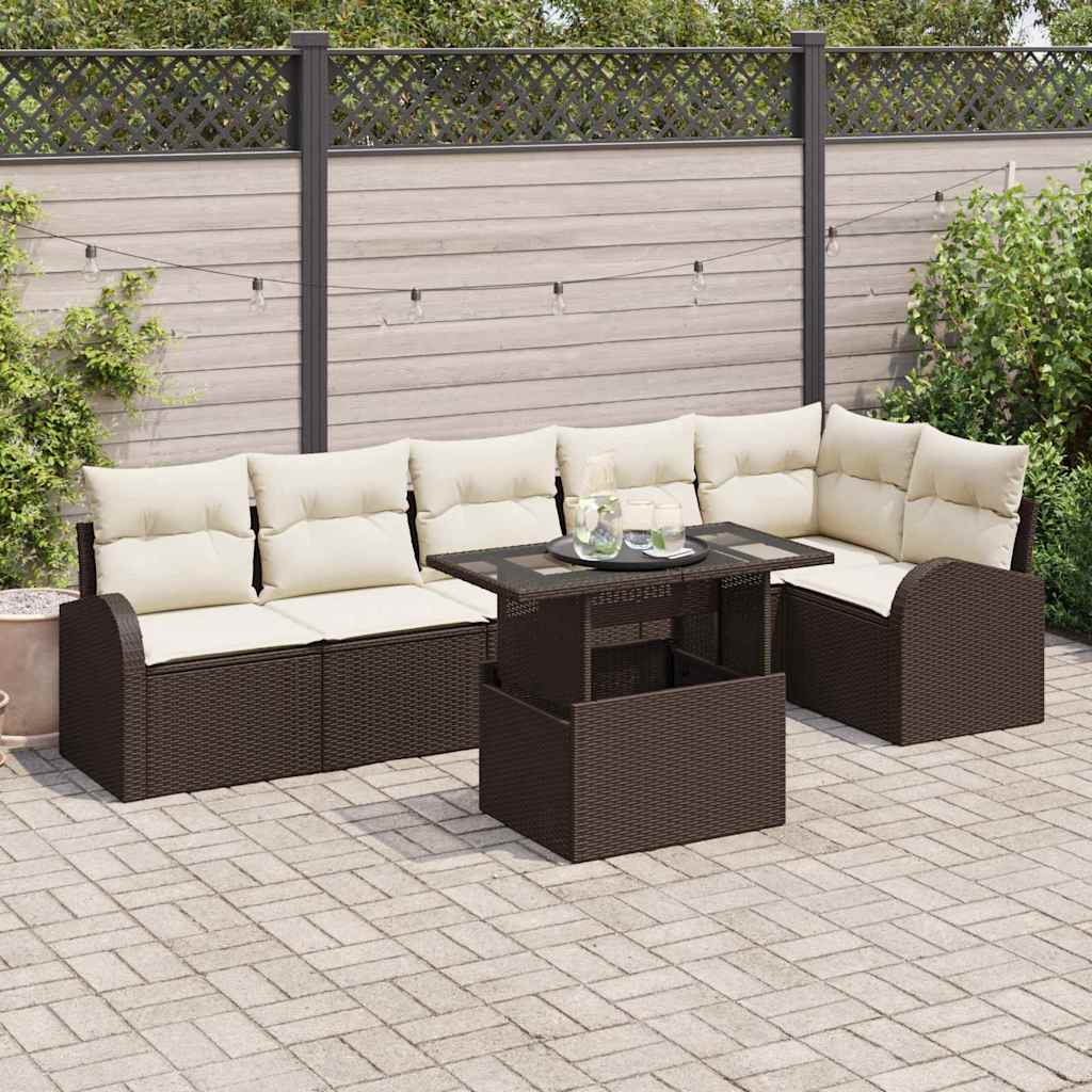 Havesofa Sæt med pude 7 pcs Brun og cremefarvet polyrattan