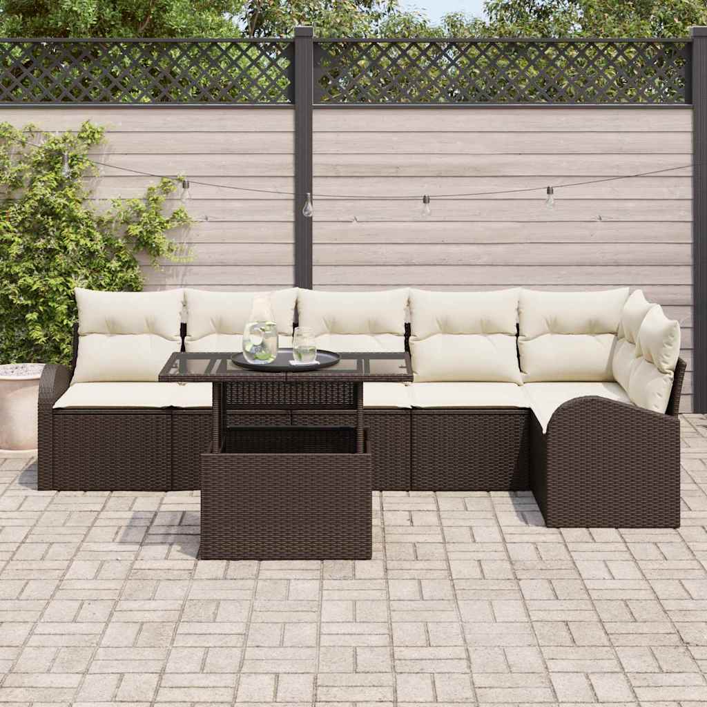 Havesofa Sæt med pude 7 pcs Brun og cremefarvet polyrattan