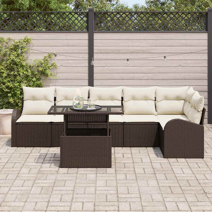 Havesofa Sæt med pude 7 pcs Brun og cremefarvet polyrattan