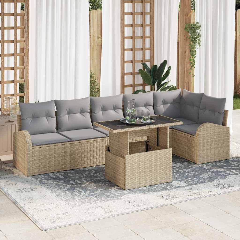Havesofa Sæt med pude 7 pcs beige og lysegrå polyrattan