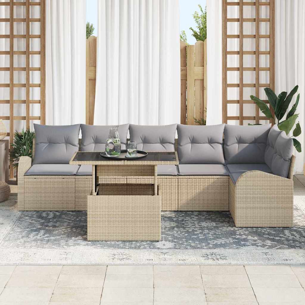 Havesofa Sæt med pude 7 pcs beige og lysegrå polyrattan
