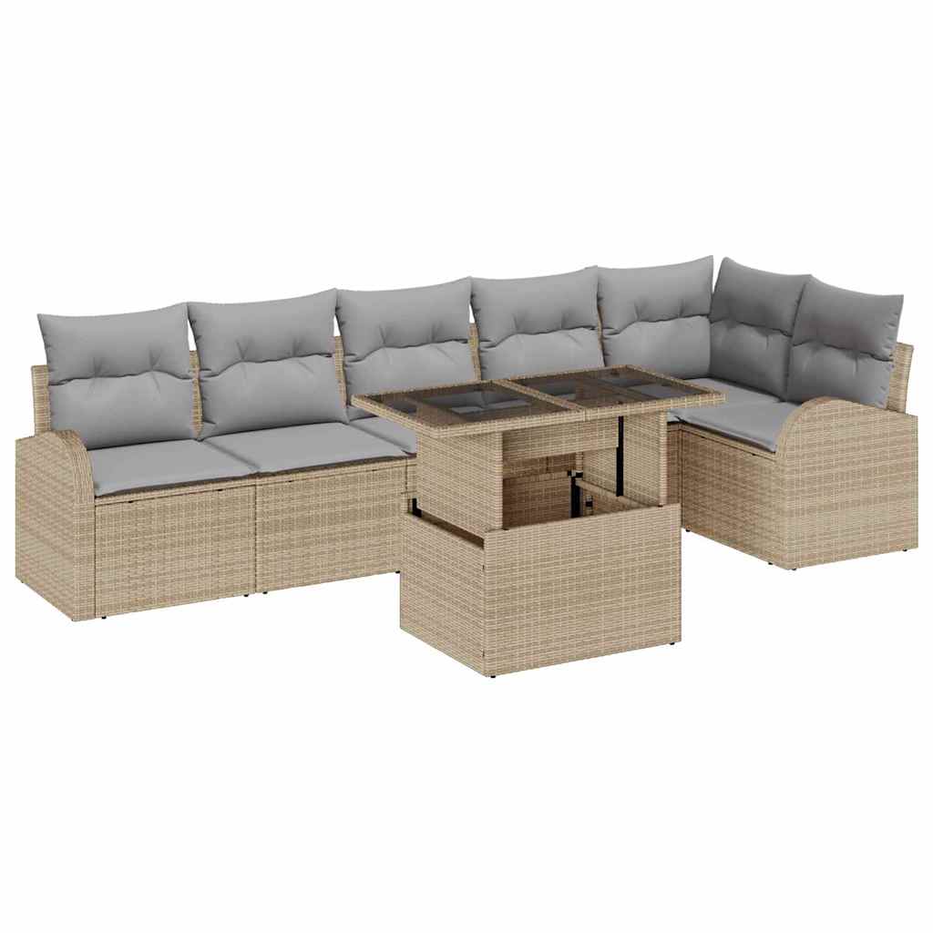 Havesofa Sæt med pude 7 pcs beige og lysegrå polyrattan