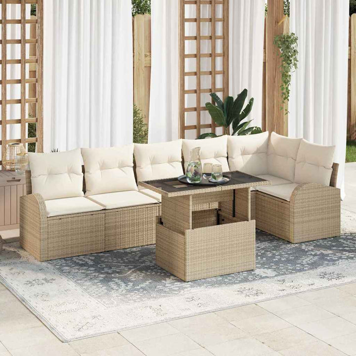 Havesofa Sæt med pude 7 pcs beige og cremefarvet polyrattan