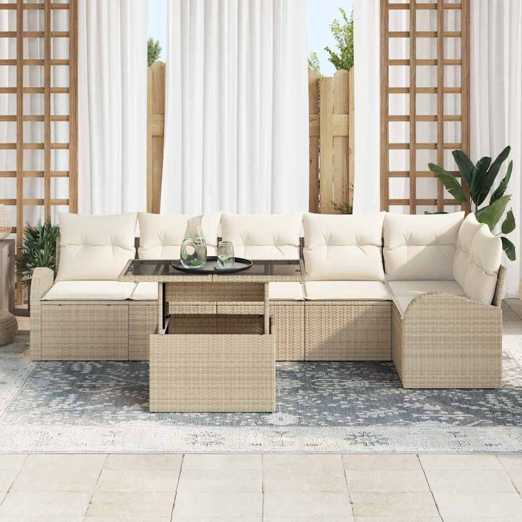 Havesofa Sæt med pude 7 pcs beige og cremefarvet polyrattan