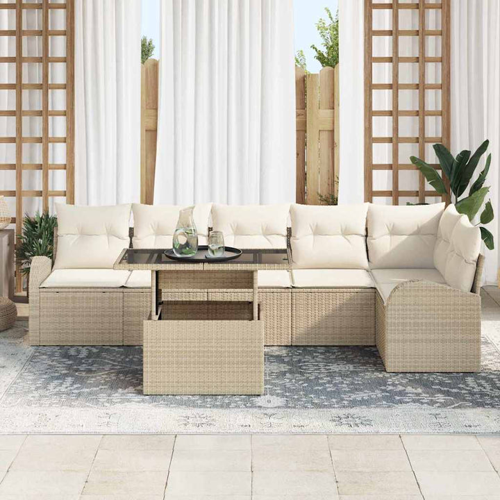 Havesofa Sæt med pude 7 pcs beige og cremefarvet polyrattan