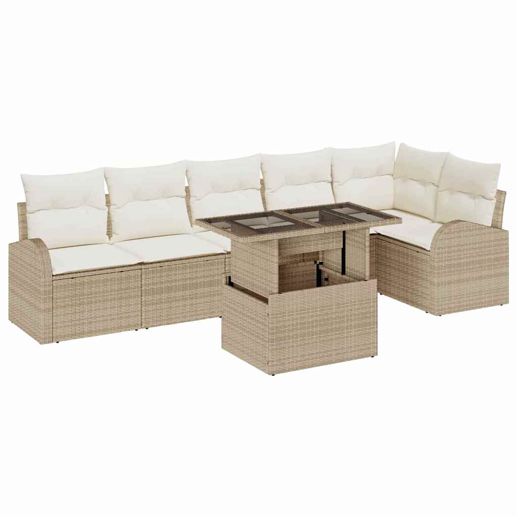Havesofa Sæt med pude 7 pcs beige og cremefarvet polyrattan