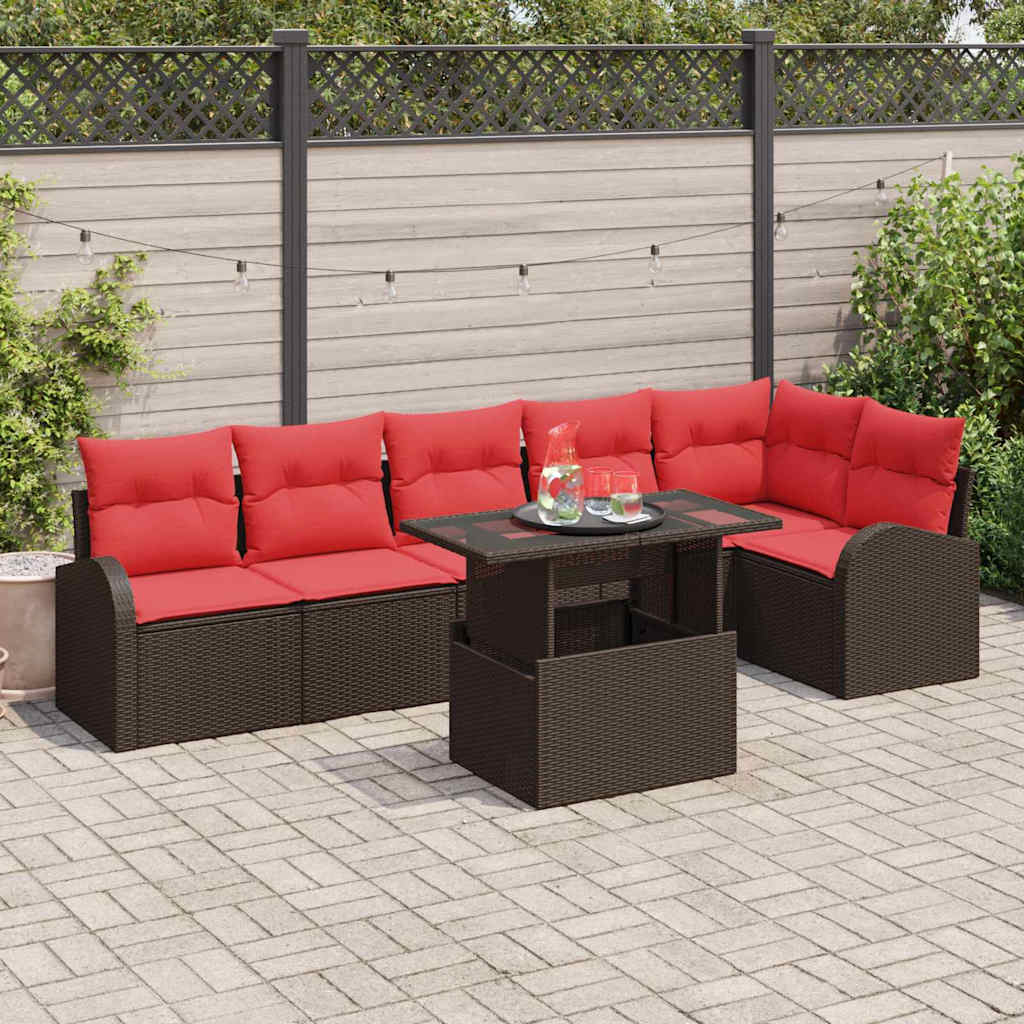 Havesofa Sæt med opbevaring 7 pcs Brun og Rød polyrattan