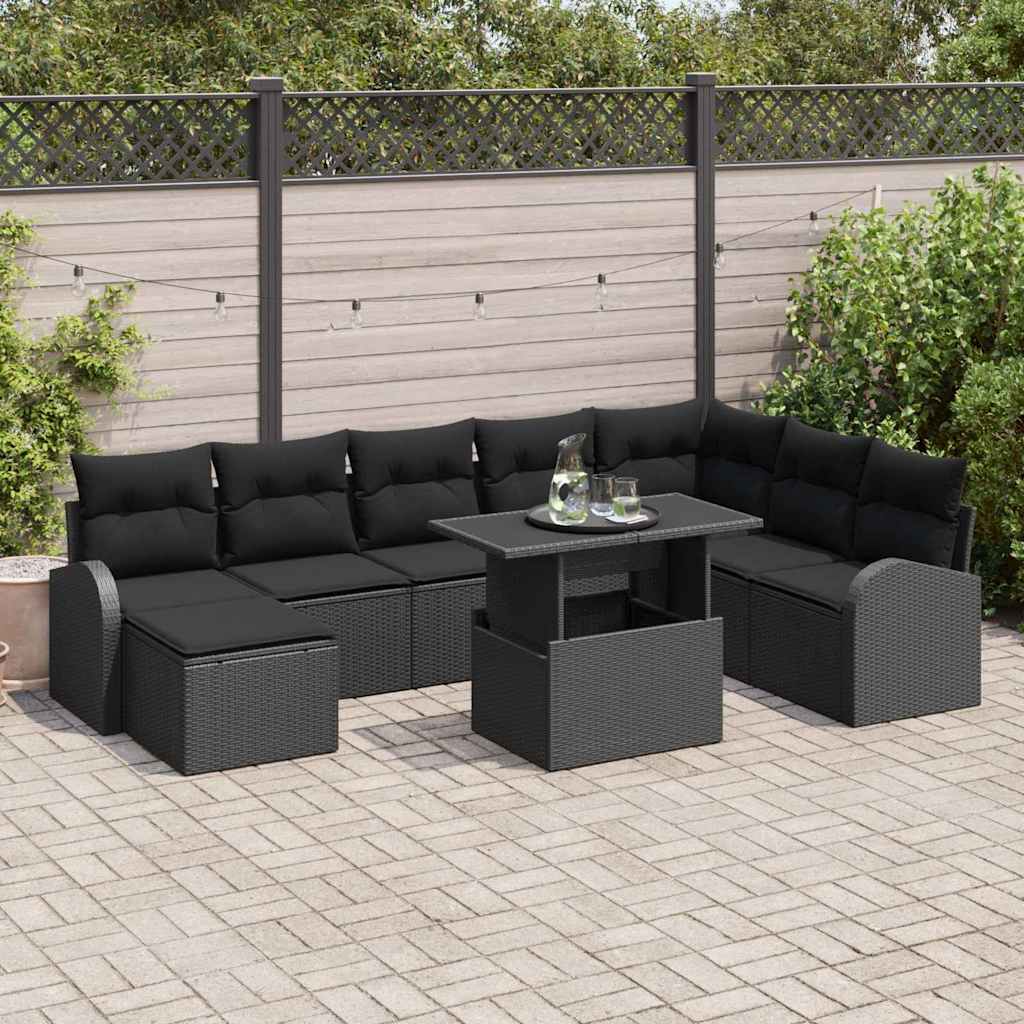 Havesofa Sæt 9 pcs Sort Polyrattan og pulverlakeret stål
