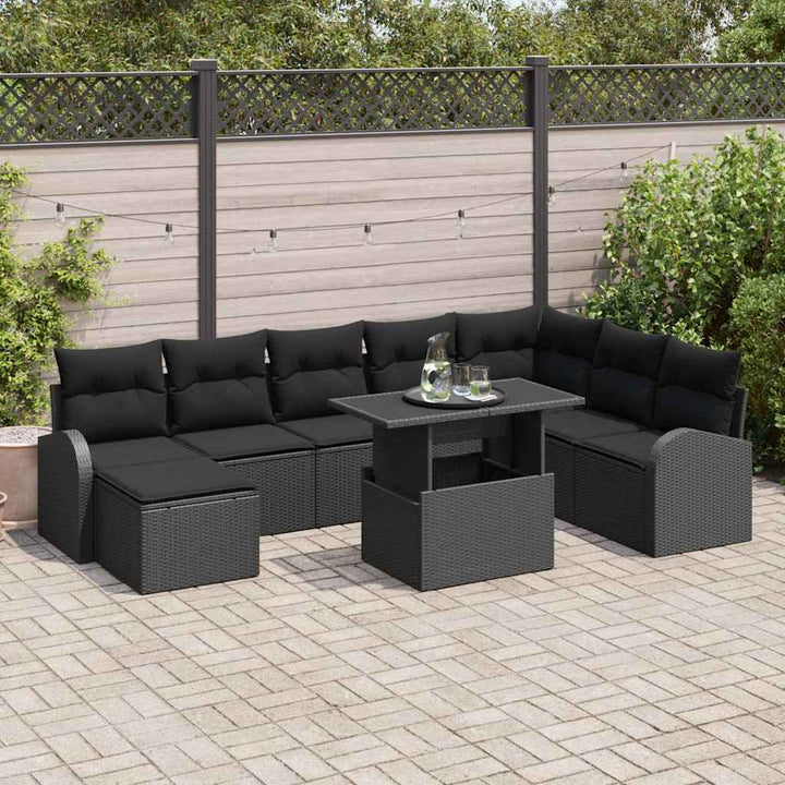 Havesofa Sæt 9 pcs Sort Polyrattan og pulverlakeret stål