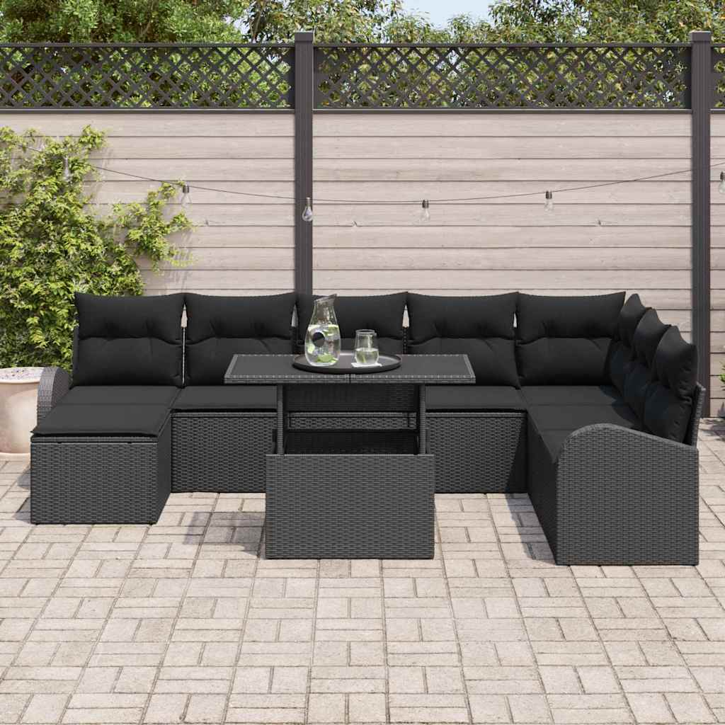 Havesofa Sæt 9 pcs Sort Polyrattan og pulverlakeret stål