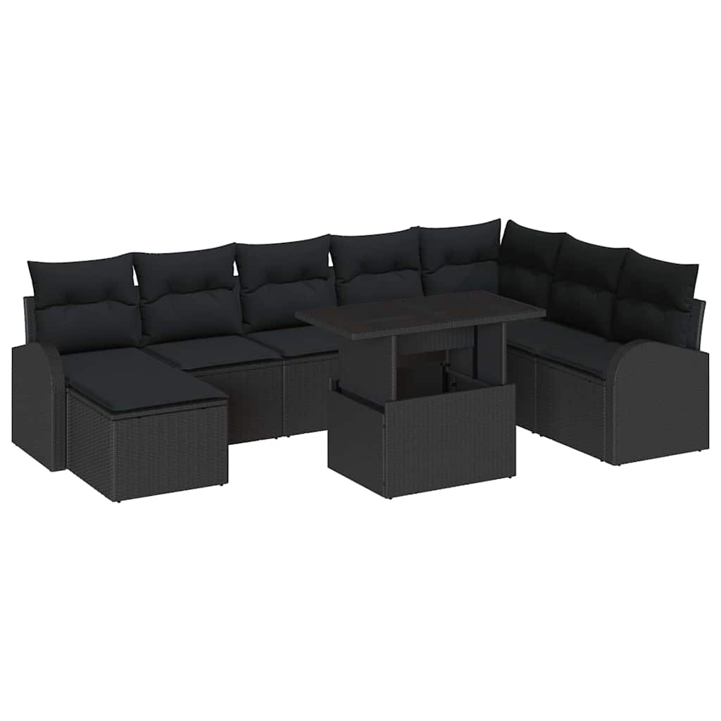 Havesofa Sæt 9 pcs Sort Polyrattan og pulverlakeret stål