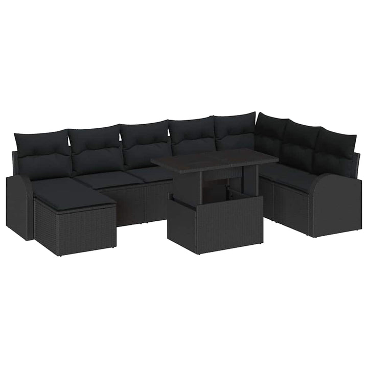 Havesofa Sæt 9 pcs Sort Polyrattan og pulverlakeret stål