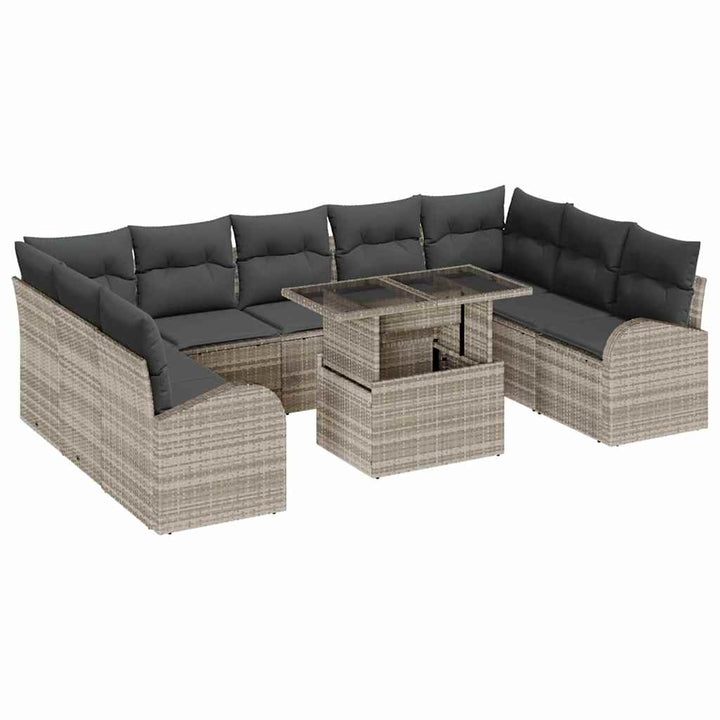 Havesofa Sæt med opbevaring 10 pcs Lys Grå og Grå polyrattan