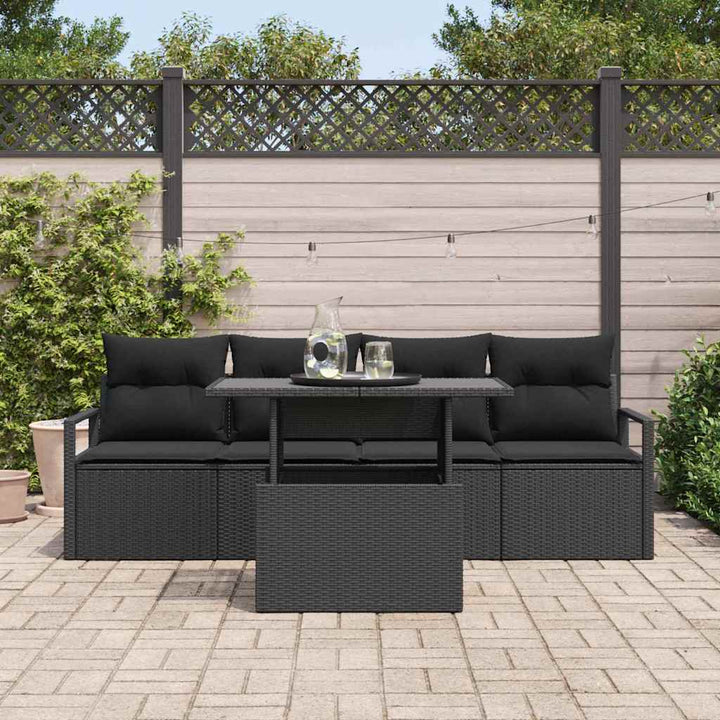 Havesofa Sæt med opbevaring med pude 5 pcs Sort polyrattan