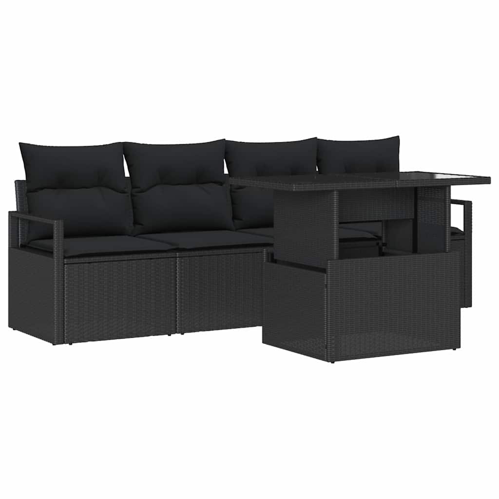 Havesofa Sæt med opbevaring med pude 5 pcs Sort polyrattan