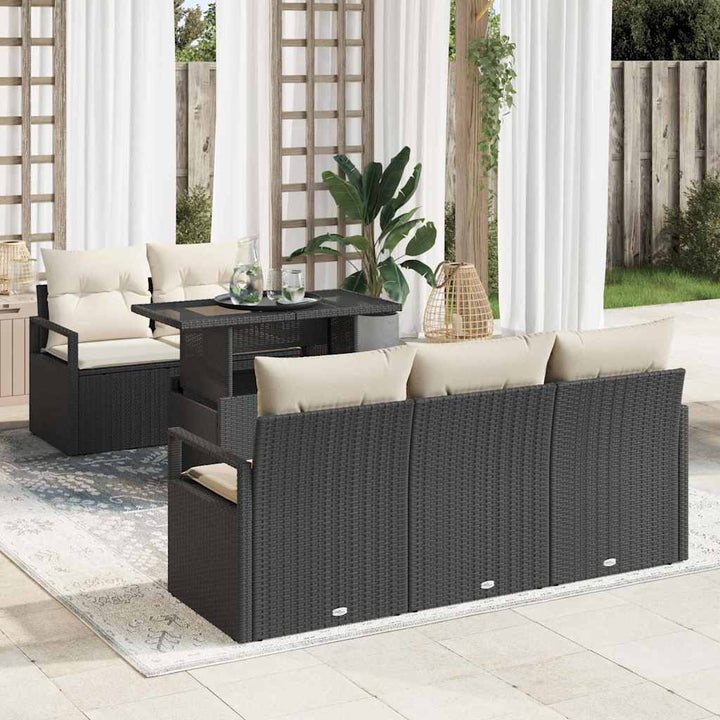 Havesofa Sæt med opbevaring med pude 6 pcs Sort polyrattan