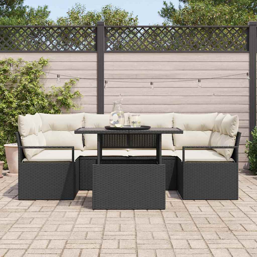 Havesofa Sæt med opbevaring med pude 7 pcs Sort polyrattan