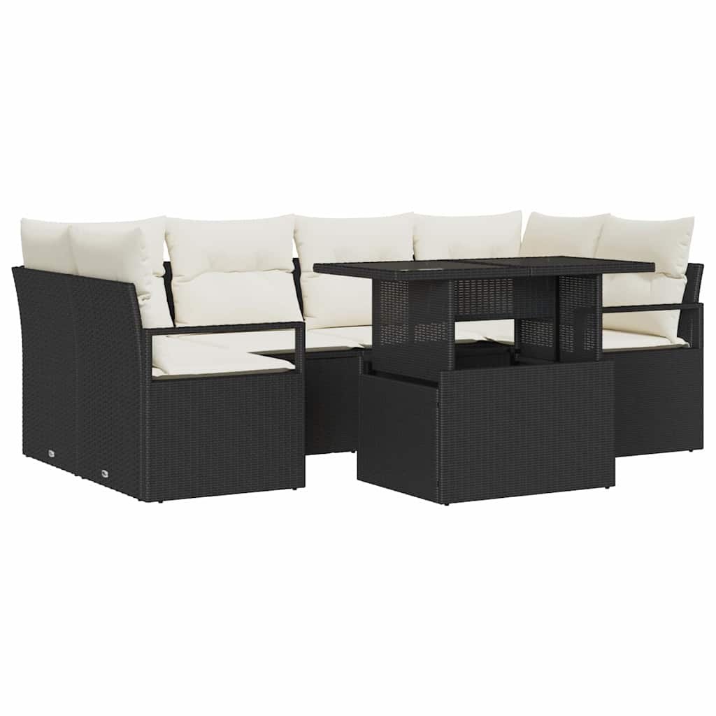 Havesofa Sæt med opbevaring med pude 7 pcs Sort polyrattan