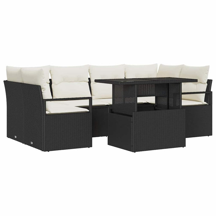 Havesofa Sæt med opbevaring med pude 7 pcs Sort polyrattan