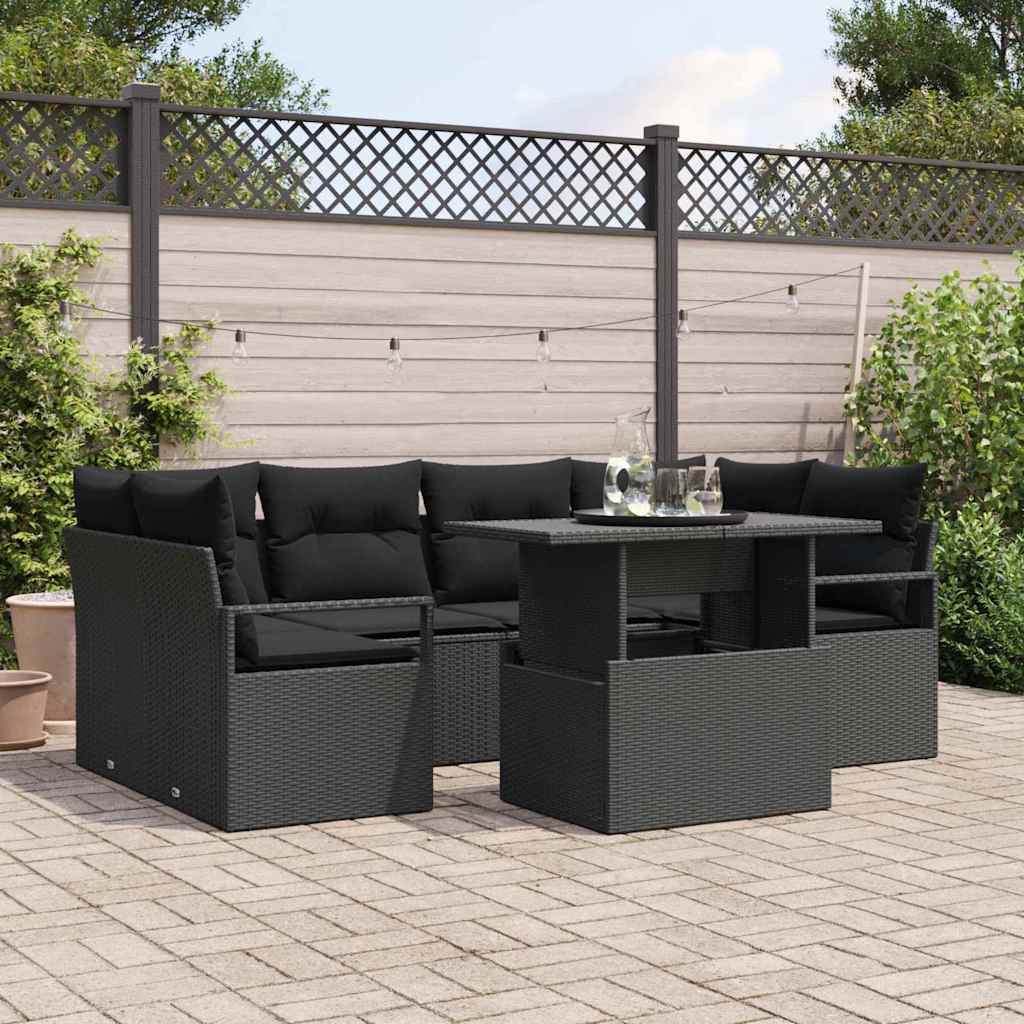 Havesofa Sæt med opbevaring med pude 7 pcs Sort polyrattan