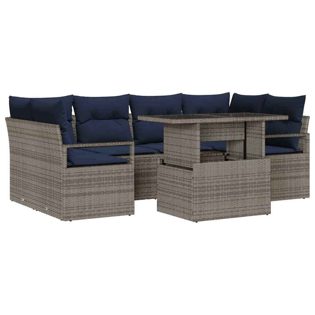 Havesofa Sæt med pude 7 pcs grå og marineblå polyrattan