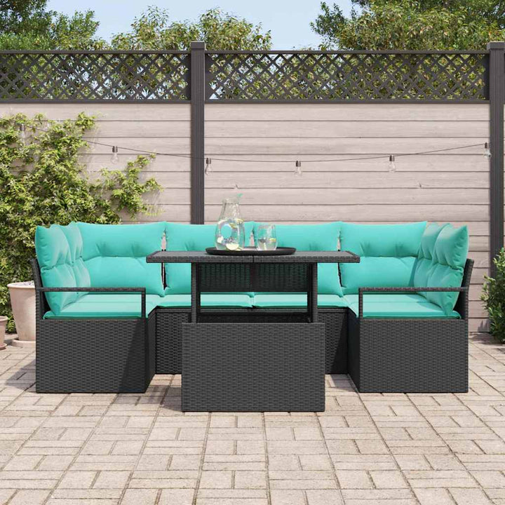 Havesofa Sæt med pude 7 pcs Sort og blå polyrattan