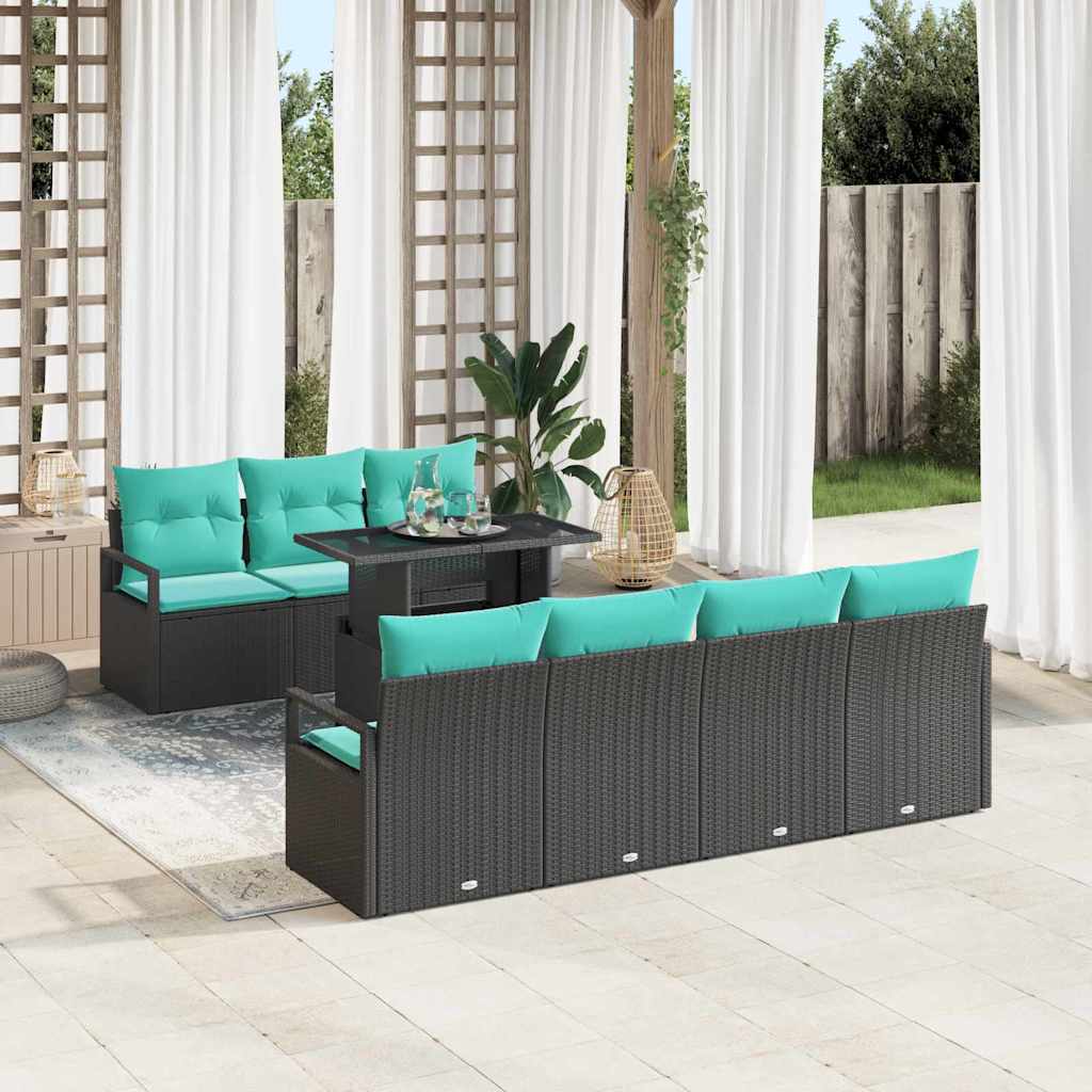 Havesofa Sæt med opbevaring 8 pcs Sort og Blå polyrattan