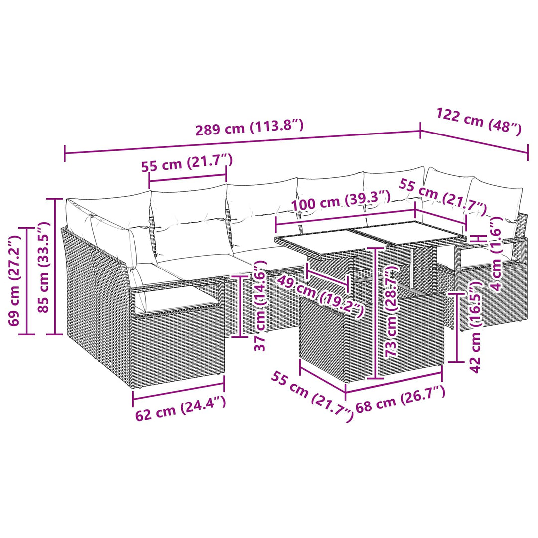 Havesofa Sæt med pude 8 pcs Brun og Rød polyrattan