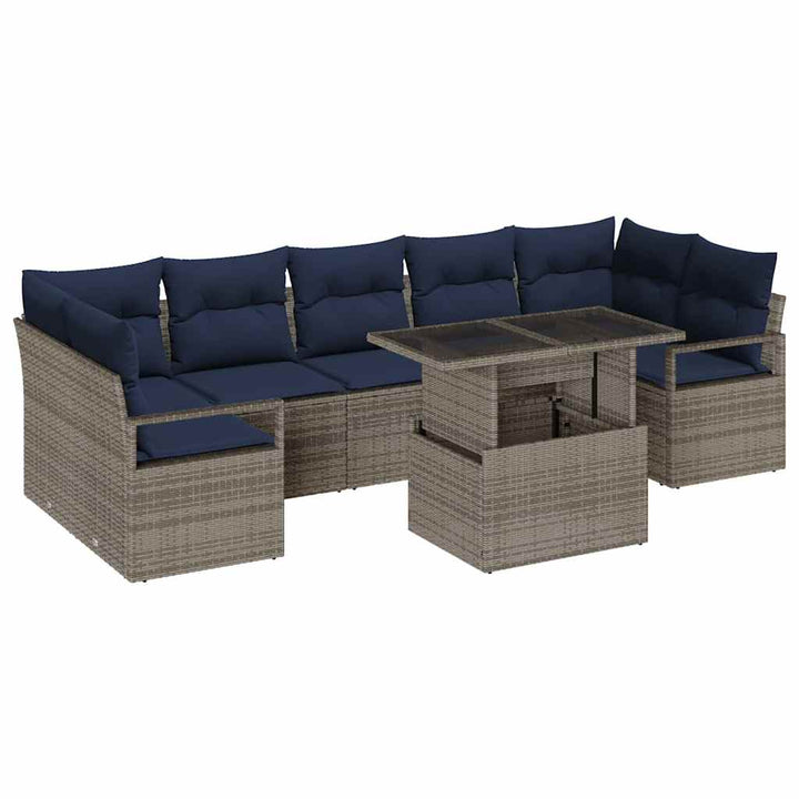 Havesofa Sæt med pude 8 pcs grå og marineblå polyrattan