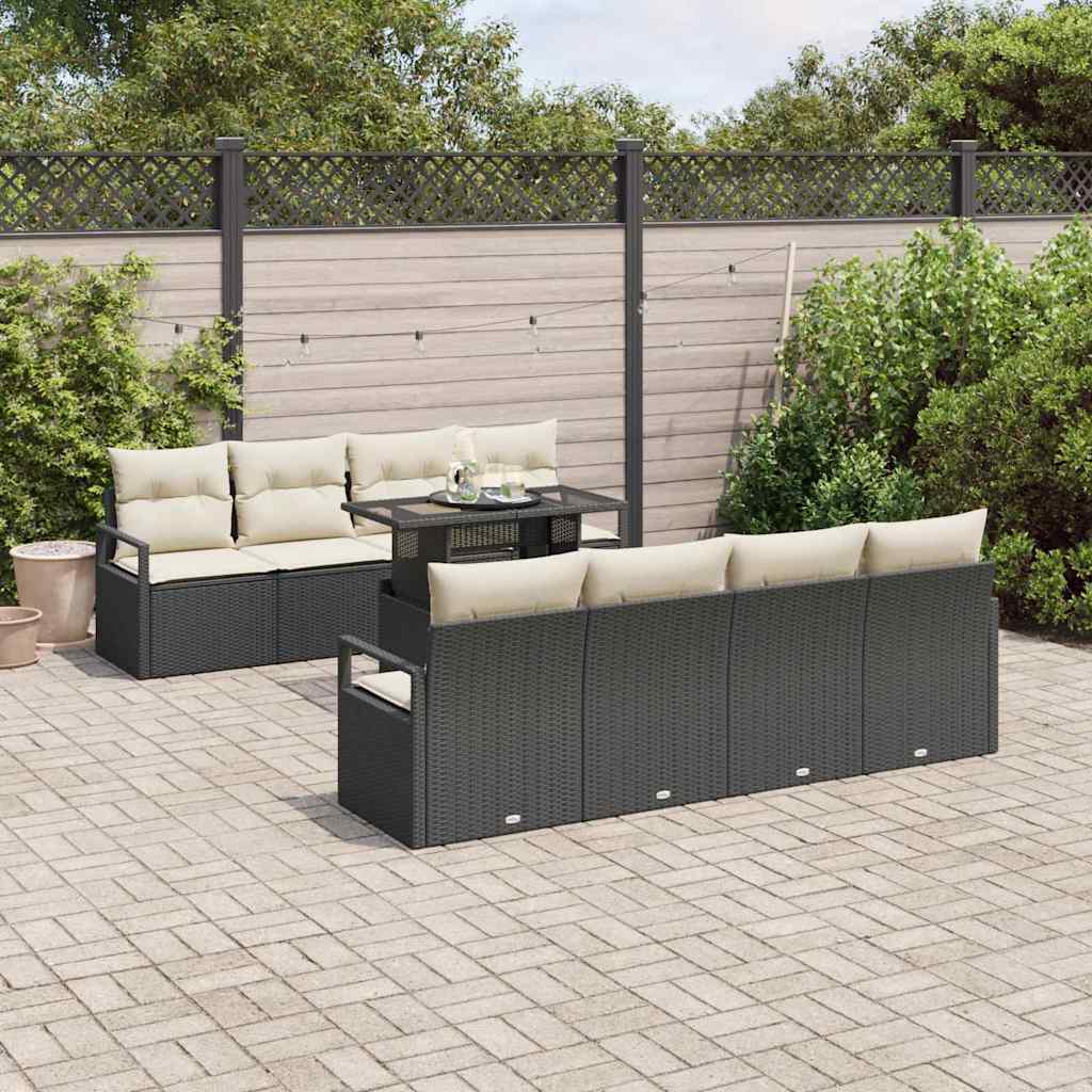 Havesofa Sæt med opbevaring 9 pcs Sort og Cream polyrattan