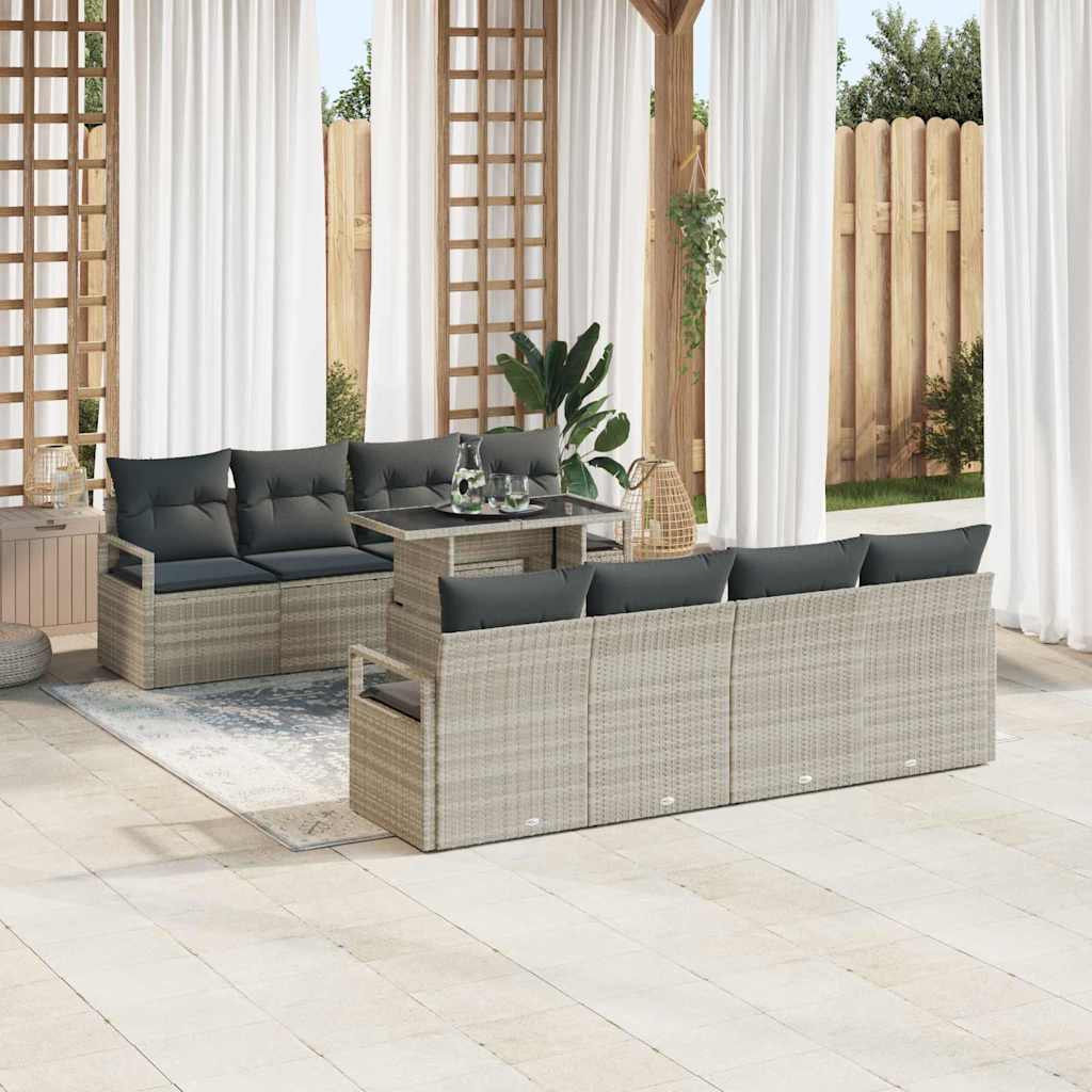 Havesofa Sæt med opbevaring med pude 9 pcs Lysegrå polyrattan