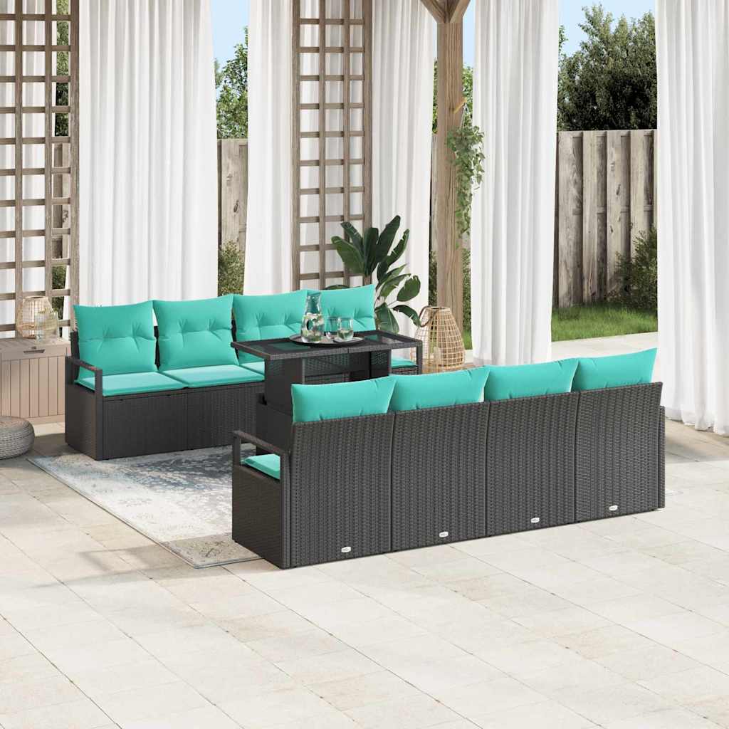 Havesofa Sæt med pude 7 pcs Sort og blå polyrattan