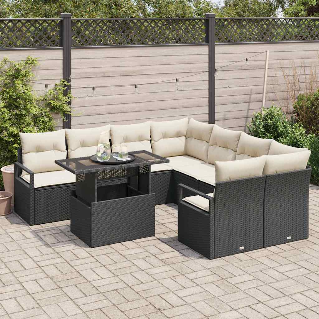Havesofa Sæt med opbevaring 9 pcs Sort og Cream polyrattan