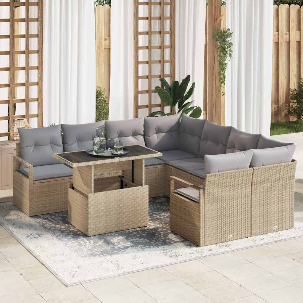 Havesofa Sæt med pude 9 pcs Beige og lys grå polyrattan