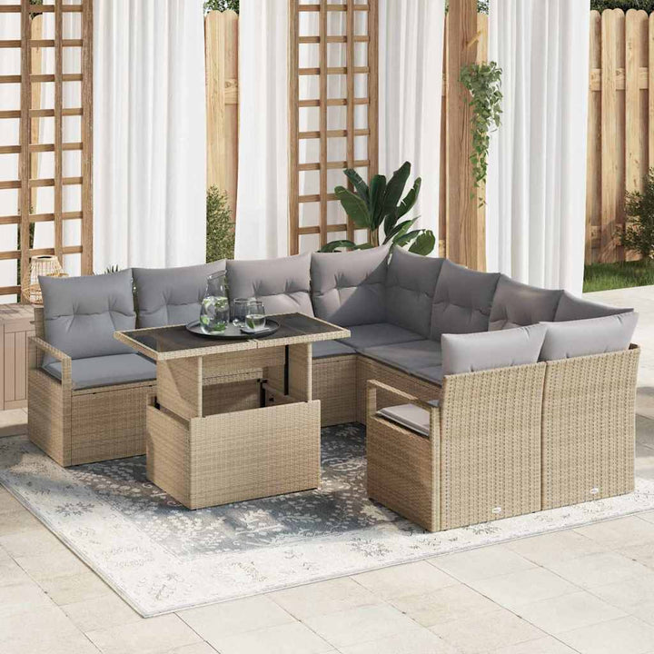 Havesofa Sæt med pude 9 pcs Beige og lys grå polyrattan