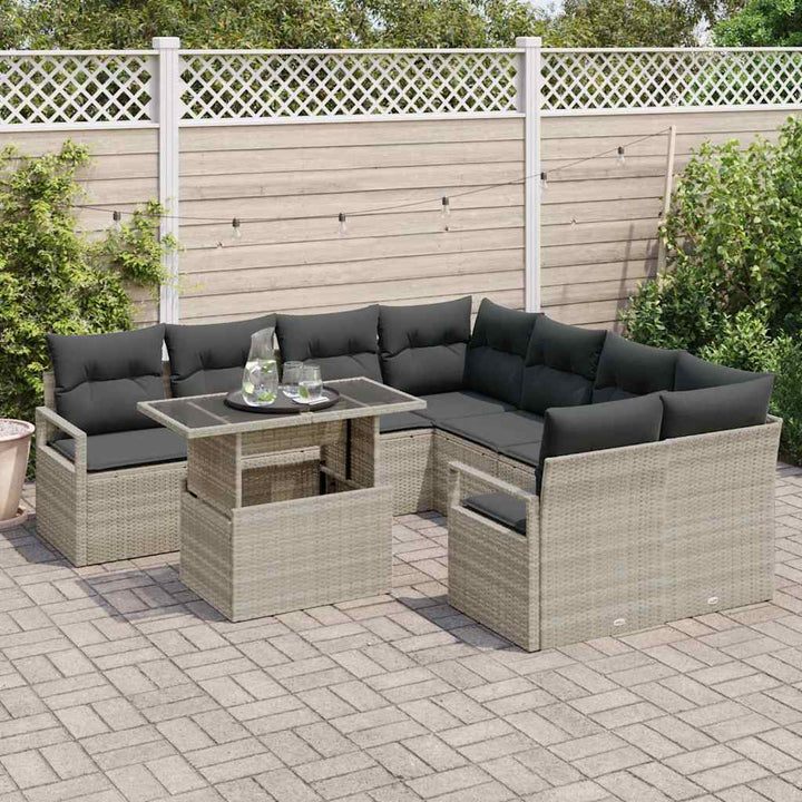 Havesofa Sæt med pude 9 pcs Lysegrå polyrattan