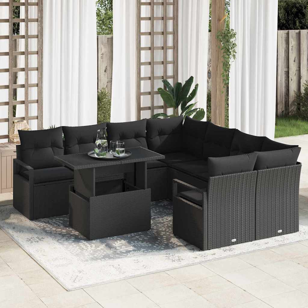 Havesofa Sæt med pude 9 pcs Sort polyrattan
