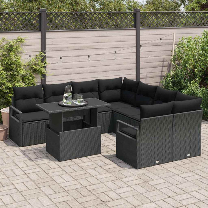 Havesofa Sæt med pude 9 pcs Sort polyrattan